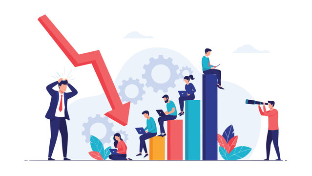 Business failure and crisis concept with stressed people on a declining bar chart and a large red arrow pointing downwards.