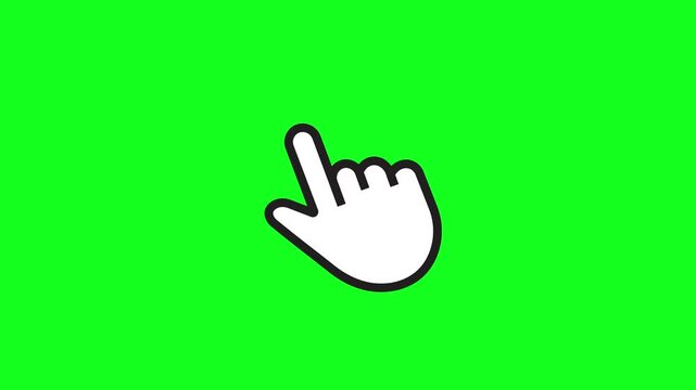 Hand-shaped mouse cursor click animation, pressing using index finger, isolated on green screen background.