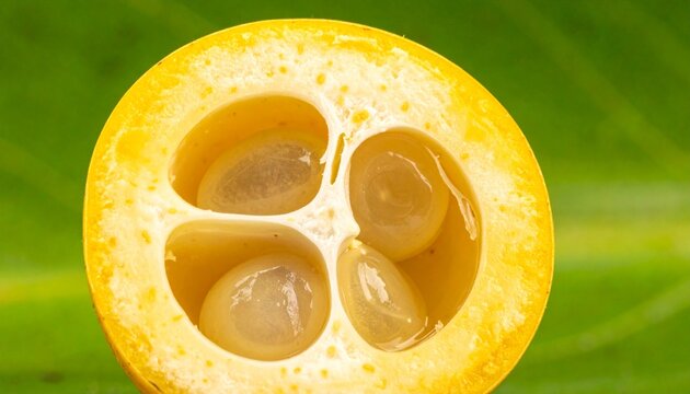 Macro cross-section of ripe abiu fruit with translucent white flesh and seeds