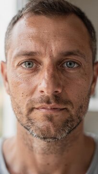 Ultra-realistic close-up portrait of an adult man with one prosthetic eye. Detailed mature man's face with blue eyes looking at the camera. Natural light highlights skin texture, wrinkles, and stubble