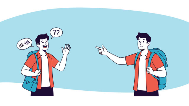 Two young travelers with backpacks having different reactions with one laughing and the other confused and pointing.