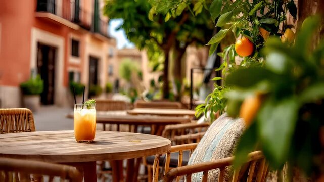 Spring Summer outdoor leisure relaxation activity. A vivid outdoor scene depicts a cozy cafe or restaurant.