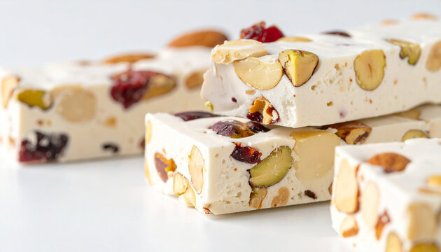 Rectangular white nougat candy bars with almonds, pistachios and dried cranberries. Delicious snack, appetizing sweet food, tasty treat.