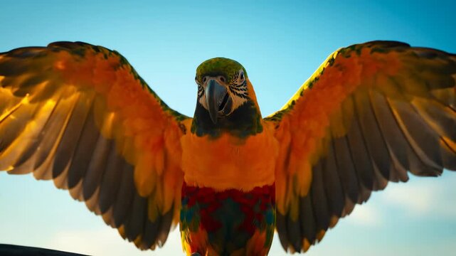 Colorful macaw parrot spreading wings against blue sky background; vivid parrot colors.