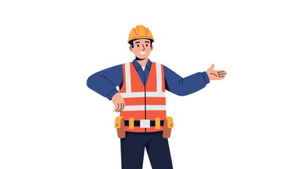 Fototapeta premium Confident construction worker wearing a safety vest and an orange hard hat gestures towards the side to present an industrial project or service.