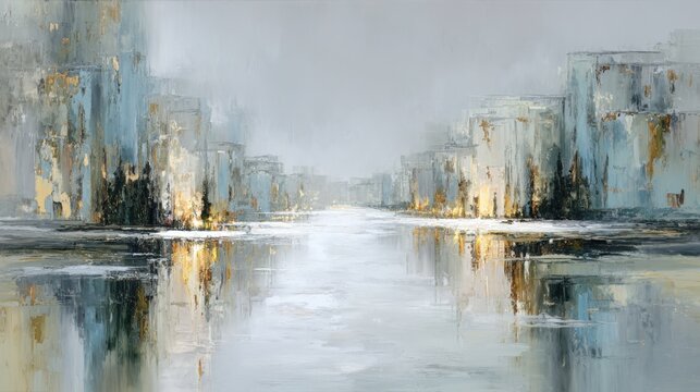 Frozen landscape of a city. Coldest place on Earth. Abstract painting in white gold black gray. Snow extreme cold ice river concept in Arctic northern Europe Russia Yakutia Yakutsk.