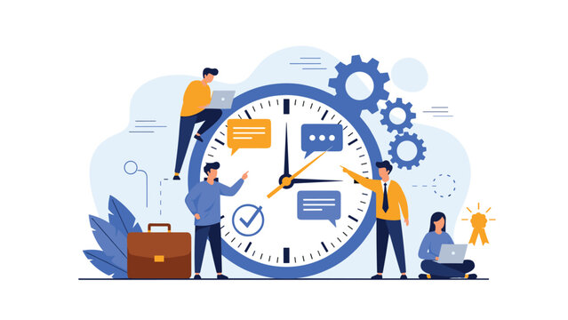 Productive office workers collaborate around a giant wall clock and gears to demonstrate effective time management and meeting project deadlines.
