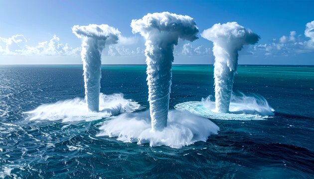 Dramatic trio of waterspouts forming over tropical ocean under bright blue sky
