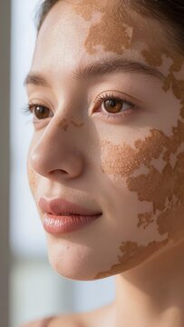 Woman with vitiligo, visible depigmented patches across her face. Close up profile of young woman with unique skin condition. Her face shows brown, textured patches. Body positivity and acceptance