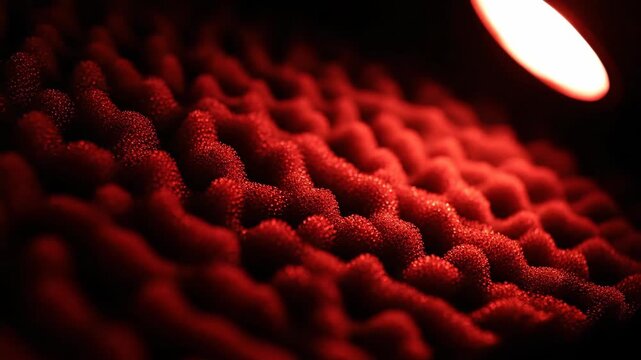 Acoustic foam red pattern with bright light for soundproofing background, close-up.