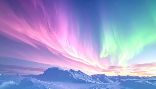 Vibrant polar stratospheric clouds with aurora borealis over snowy arctic landscape