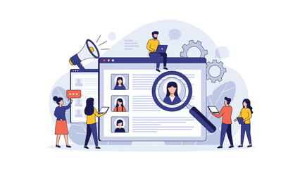 Naklejka premium Recruitment and hiring process concept with team members reviewing candidate profiles on a large digital screen interface.