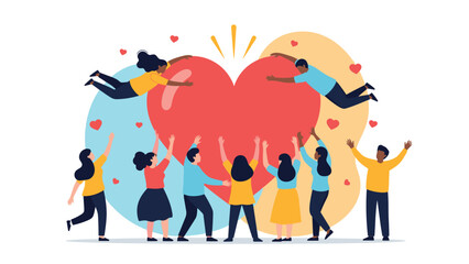 Fototapeta premium Group of people floating and standing around a giant red heart symbol representing universal love and community care.
