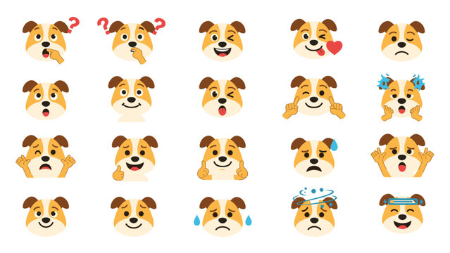 Set of cute dog head emojis showing various facial expressions and emotions like happy, sad, angry, and surprised.