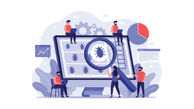 Software development team performs bug testing and quality assurance on a computer screen using a magnifying glass to find system errors.