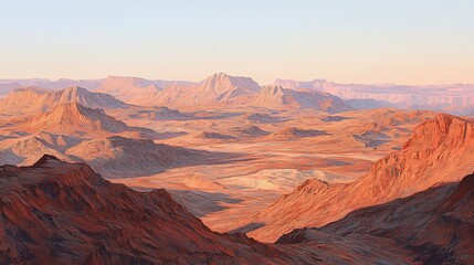 Naklejka premium Desert sunset panorama, vast landscape, red mountains, scenic view, travel poster