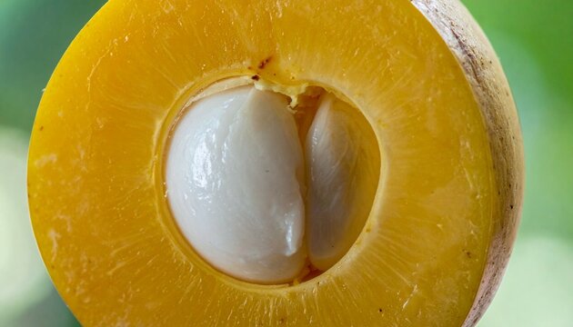 Macro cross-section of ripe abiu fruit with translucent white flesh and central seed