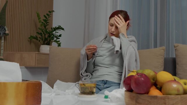 A woman sits on a sofa feeling unwell. She checks her temperature with a thermometer. Tea, fruit, and napkins are nearby as she tries to recover from her cold.