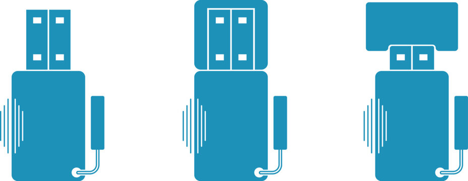 USB flash drive for laptop and computer, USB flash drive without cover, USB flash drive in laptop socket. Vector icons