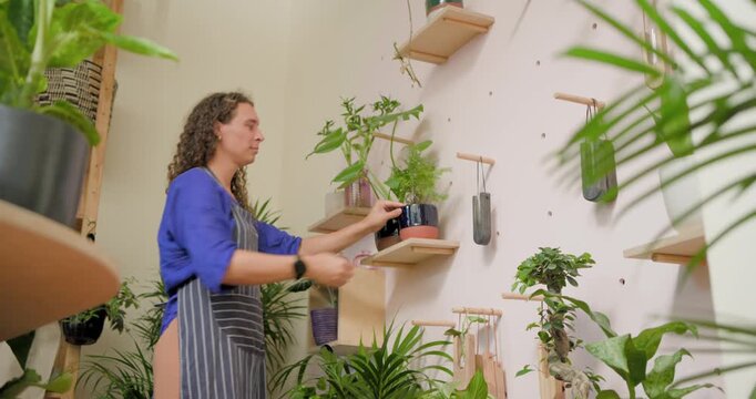 Nonbinary person standing at pegboard arranging black pots adding white pot wiping cloth tidying