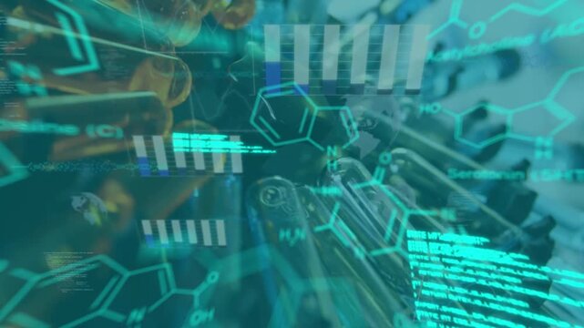 Animation of data processing and chemical formula over test tubes