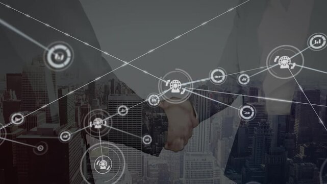Animation of network of connections with icons over midsection of businesspeople shaking hands