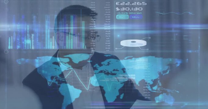 Animation of diverse data over world map and asian businessman