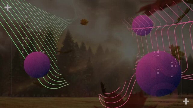 Animation of shapes and spheres over fall landscape