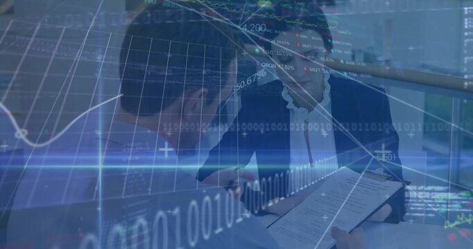 Animation of financial data processing and stock market over diverse business people