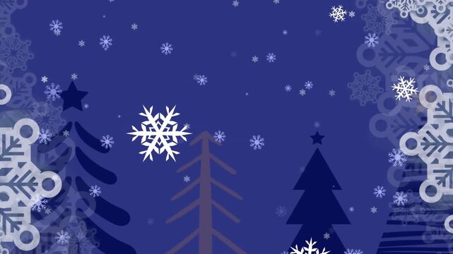 Animation of christmas snowflakes falling over trees on blue background