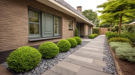 Fototapeta premium Modern walkway lined with lush green shrubs and smooth gray stones leading to a stylish contemporary home surrounded by landscaped greenery