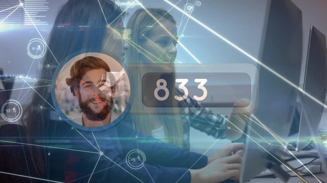 Animation of networks of connections and icons over business people wearing headsets