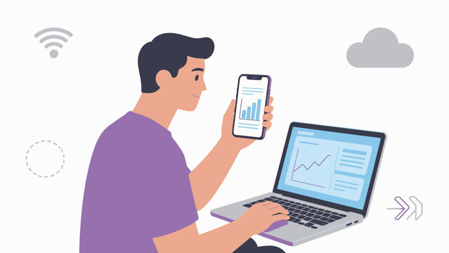 Man using phone and laptop for data analysis