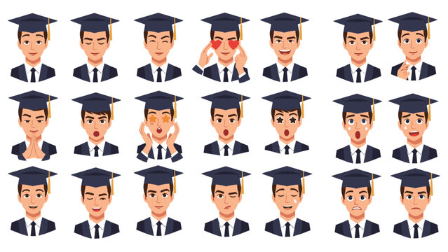 Large set of male graduate heads featuring a wide variety of facial expressions and emotions for educational and student designs.