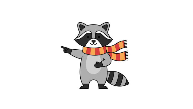 Cute cartoon raccoon character wearing a striped winter scarf and pointing to the side against a clean white background.