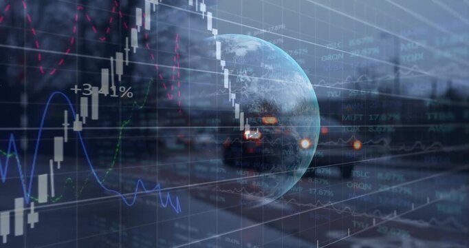 Animation of data processing globe and binary coding over grid