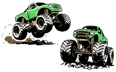 Unleash the power. Green monster truck jump. Extreme off-road racing graphic print. Poster, sticker, and apparel vector artwork. © Tri