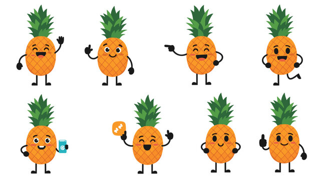 Collection of funny pineapple characters with different facial expressions and poses for fruit and summer themed designs.