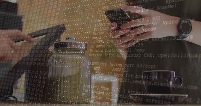Animation of data processing over hands using smartphone in cafe