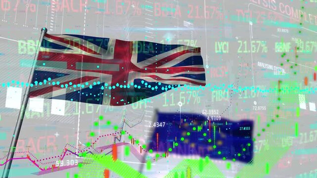 Animation of british and european union flag with digital business chart over stock trading board