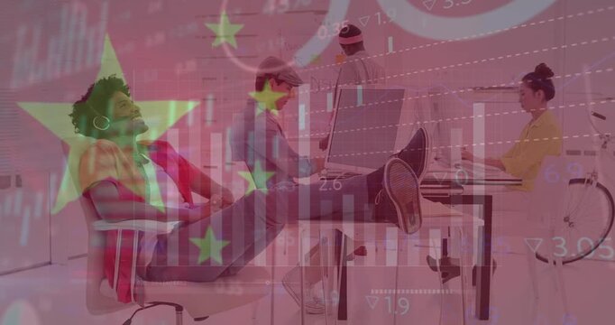Animation of data processing and flag of china over diverse business people using technology