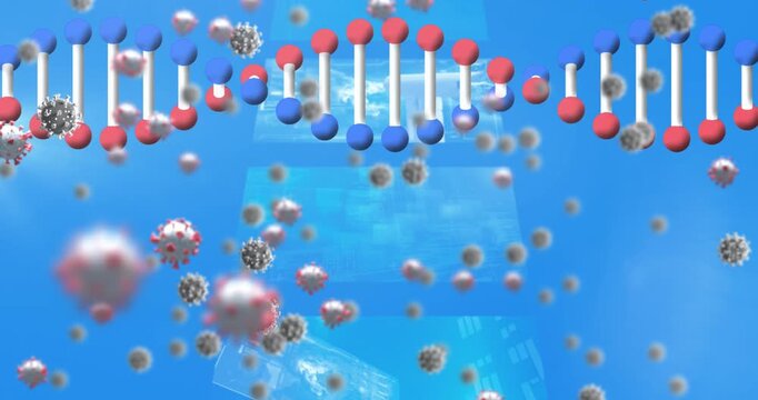 Animation of dna strand spinning and molecules on blue background