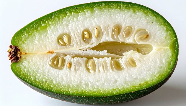 close-up cross-section of ripe feijoa fruit with creamy white seeds and green skin