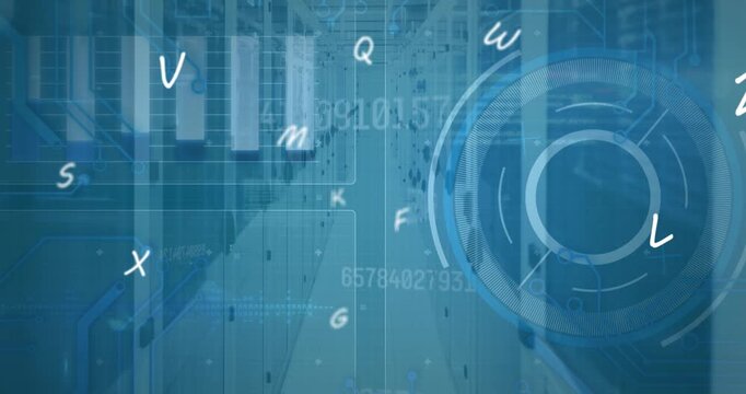 Animation of scope scanning, numbers and statistics over computer servers
