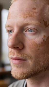 Portrait of man unique skin pigmentation. Man with vitiligo of face, irregular depigmented patches across forehead. His pensive expression, blue eyes. Concepts: identity, diversity, self acceptance