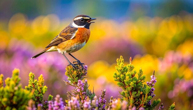 Male stonechat bird perched on gorse in vibrant spring heathland sunlight