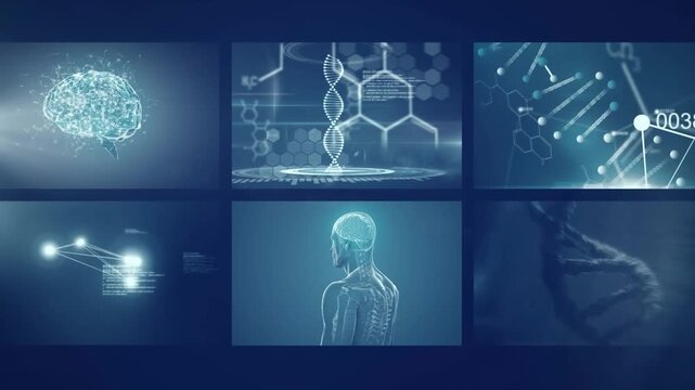 Animation of scientific and biological data processing on screens on pink background