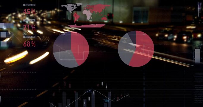 Animation of statistical data processing against aerial view of city traffic at night