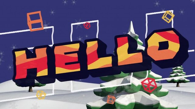 Animation of hello text over snow falling