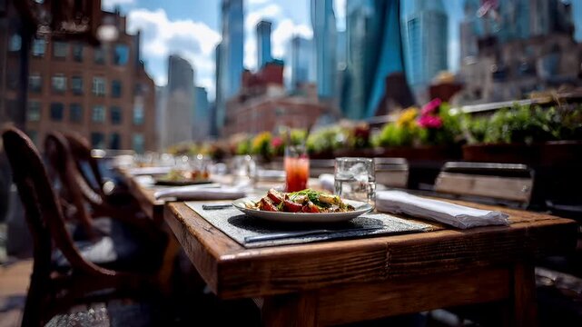 Spring Summer outdoor leisure relaxation activity. A vivid outdoor dining scene features a wooden table with a plate of food and a glass of water. The table is set with a white napkin, a fork.